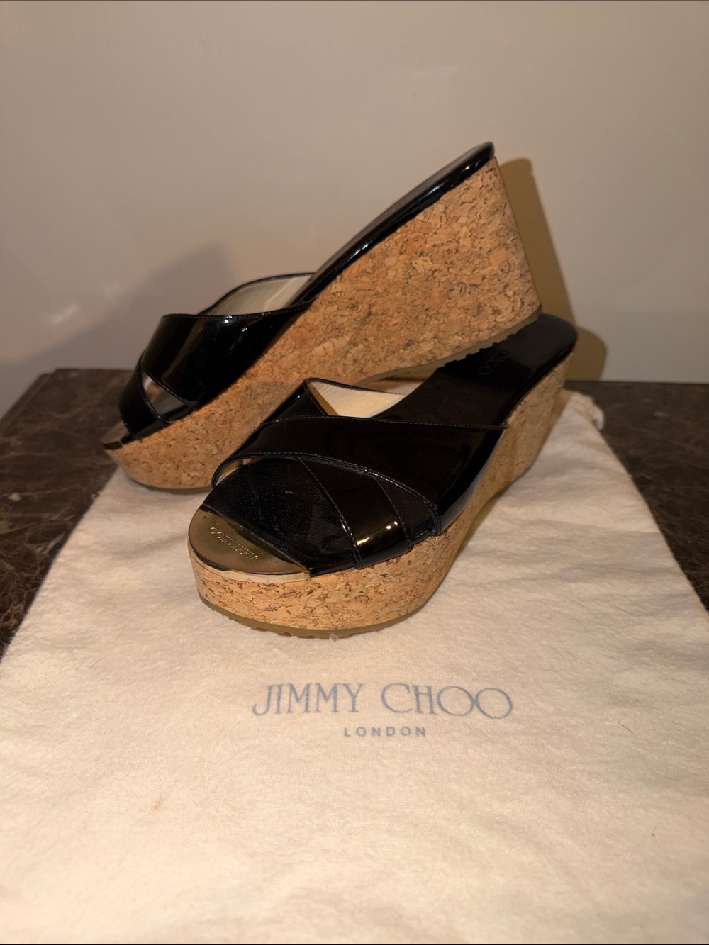 Jimmy Choo Black Patent Leather Cork Wedge Slides